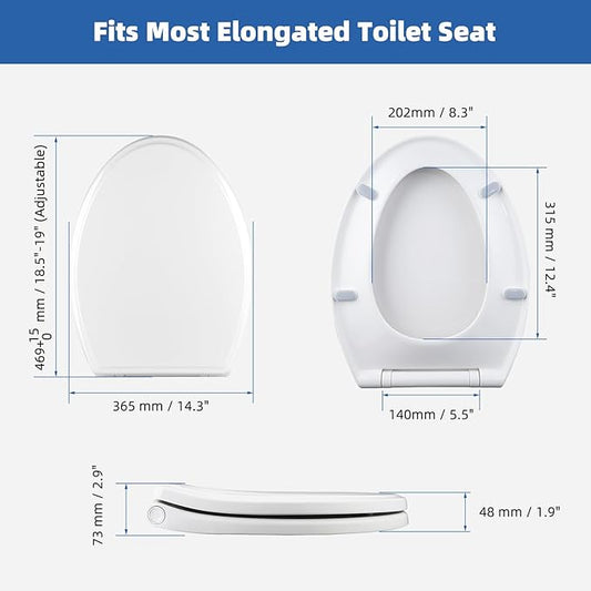 Universal Elongated Toilet Seat with Softclose Cover, One-Click to Quick Release, Compatible with TOTO/Gerber/Kohler Oval Toilet Seats, 2-Pack Toilet Bolts and Nuts, Non-Slip Toilet Bumpers, White