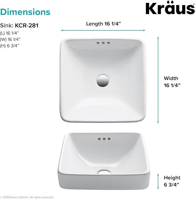 KRAUS Elavo Square Semi-Recessed Vessel White Porcelain Ceramic Bathroom Sink with Overflow, 16 1/2 inch KCR-281