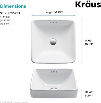KRAUS Elavo Square Semi-Recessed Vessel White Porcelain Ceramic Bathroom Sink with Overflow, 16 1/2 inch KCR-281