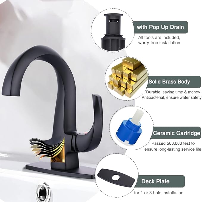 WOWOW Single Handle Bathroom Faucet, Matte Black, 1 Hole, High Arc, Pop Up Drain, Solid Brass, Easy Installation, 5 Year Warranty