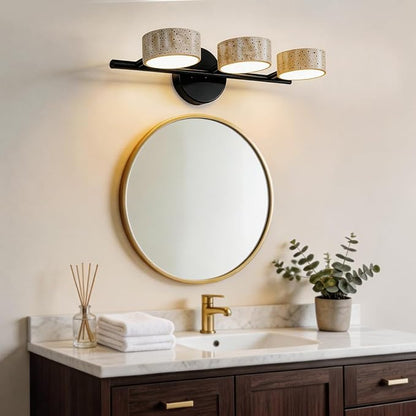 Led Bathroom Lighting Fixtures Over Mirror with 3 Travertine Shades,Vanity Lights Wall Lamp, 180° Rotatable Stone Lampshades Bathroom Lights, Modern Farmhouse Stone Sconces Black