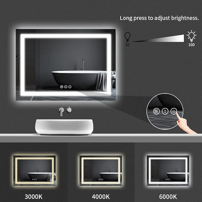 LED Bathroom Mirror 40"X32" with Front Light and Backlit | Stepless Dimmable, Anti-Fog, Shatter-Proof, HD Reflection, Memory, 3 Colors Lighting, UL Listed (Horizontal/Vertical)