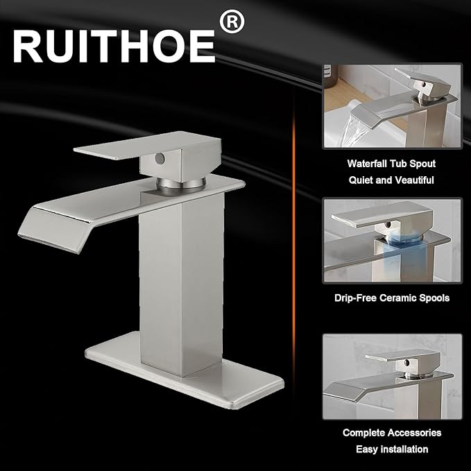 Brushed Nickel Waterfall Bathroom Faucet 1 Hole Deck Mount, Single Handle Bathroom Sink Faucet Modern Lavatory Single Hole Vanity Mixer Tap Commercial with Pop Up Drain