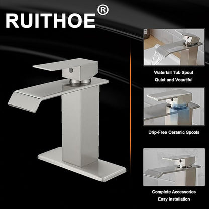 Brushed Nickel Waterfall Bathroom Faucet 1 Hole Deck Mount, Single Handle Bathroom Sink Faucet Modern Lavatory Single Hole Vanity Mixer Tap Commercial with Pop Up Drain