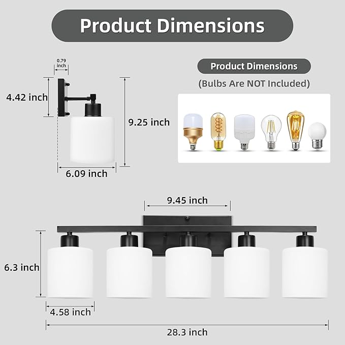 SILAMPDI Black Bathroom Light Fixtures Over Mirror, 5-Light Vanity Lights for Bathroom, Modern Wall Sconces Lighting for Bedroom Living Room, Milky White Glass Shades, E26 Base, Bulbs Not Included