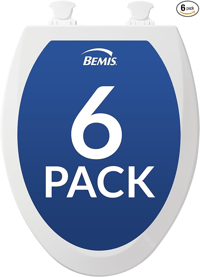 Bemis 1500EC Durable Wood Toilet Seat with Easy Clean Hinges, Made in USA, Elongated, White, 6-Pack