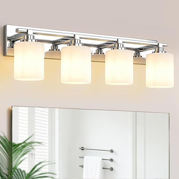 Modern Bathroom Lighting Fixtures Over Mirror, Vanity Lights for Bathroom, Wall Sconces with Milky White Glass Shades, E26 Ceramic Socket, 4-Light 27.5-inch Chrome
