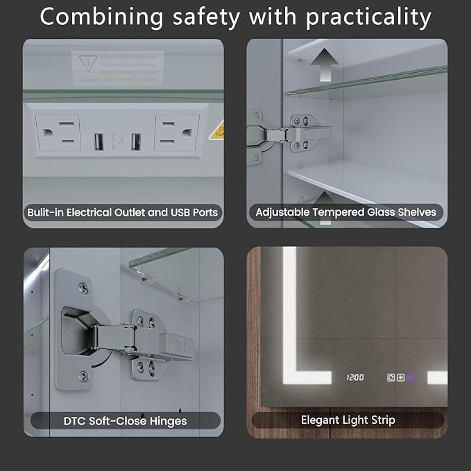 48 in. W Smart Lighted Medicine Cabinet with Mirror for Bathroom, Recessed/Surface Mount Medicine Cabinet with Anti-Fog, 1800W Charging Station, USB Ports, 3 Color Lights