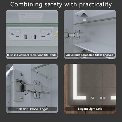 24 in. W Smart Lighted Medicine Cabinet with Mirror for Bathroom, Recessed/Surface Mount Medicine Cabinet with Anti-Fog, 1800W Charging Station, USB Ports, 3 Color Lights, Left Open