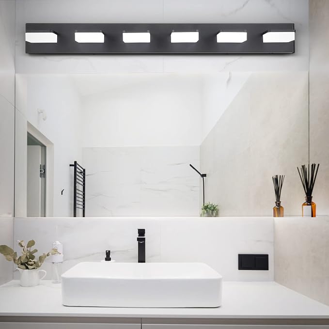 GOODATE 3 Colors Dimmable Bathroom Light Fixtures Over Mirror, LED Black Vanity Lights, Acrylic Stainless Steel 6 Light Bathroom Vanity Light Fixtures, Adjustable 3000K/4000K/6000K, 360° Rotate