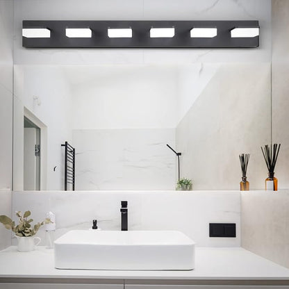 GOODATE 3 Colors Dimmable Bathroom Light Fixtures Over Mirror, LED Black Vanity Lights, Acrylic Stainless Steel 6 Light Bathroom Vanity Light Fixtures, Adjustable 3000K/4000K/6000K, 360° Rotate