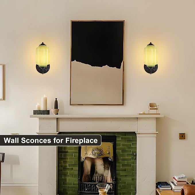 Green Glass Sconce Vintage Vanity Sconces Black, Bulb Included | Green Glass Art Deco Antique Wall Sconce Wall Light for Bedroom Bathroom Living Room Entryway Antique Black and White 1 Pack