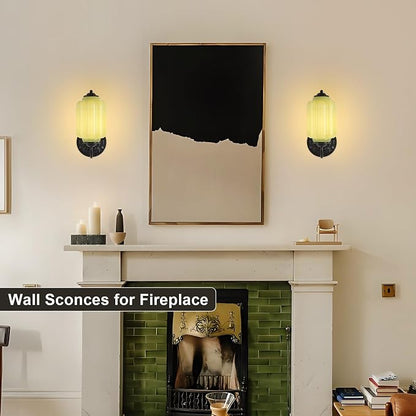 Green Glass Sconce Vintage Vanity Sconces Black, Bulb Included | Green Glass Art Deco Antique Wall Sconce Wall Light for Bedroom Bathroom Living Room Entryway Antique Black and White 1 Pack