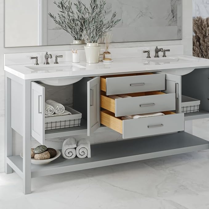 ARIEL Hutton 72-inch Bathroom Vanity with Sink,Solid Wood, 1.5-inch Pure White Quartz Countertop & Backsplash, Double Rectangular Porcelain Sink, 4 Soft Closing Doors, 3 Dovetail Drawers, Grey