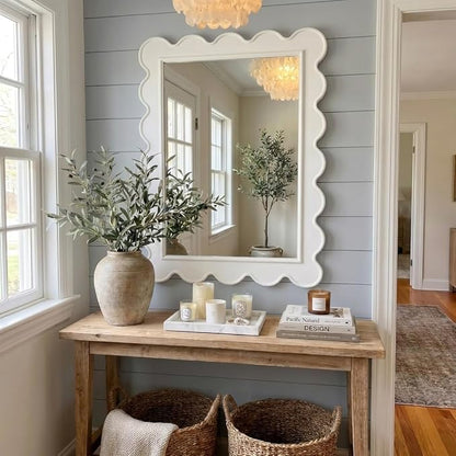 CAALMA Scalloped Wall Mirror 24 x 36 Rectangular, Bathroom Mirror, Mirrors for wall Decor, Wooden Frame Mirrors for wall, Decorative Vanity Mirror, Nursery Decor, Entryway Mirror (White)