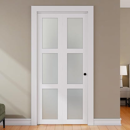 SMARTSTANDARD Bifold Door for 24"x 80" Opening, Tempered Frosted Glass, MDF | Closet Folding Doors with Hardware kit Included, White, Water-Proof PVC Surface, Easy Install, Space-Saving