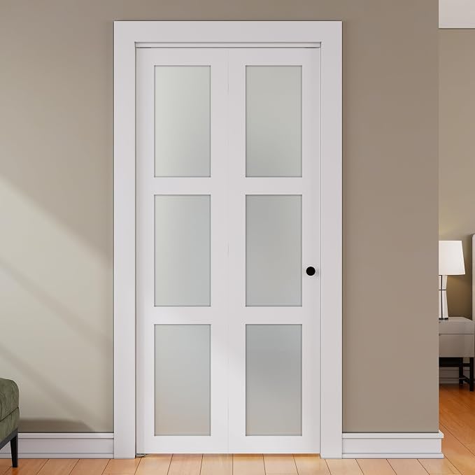 SMARTSTANDARD Bifold Door for 24" x 80-3/4" Opening, Tempered Frosted Glass | Closet Folding Doors with Hardware kit Included, White, Water-Proof PVC Surface, Easy Install, Space-Saving