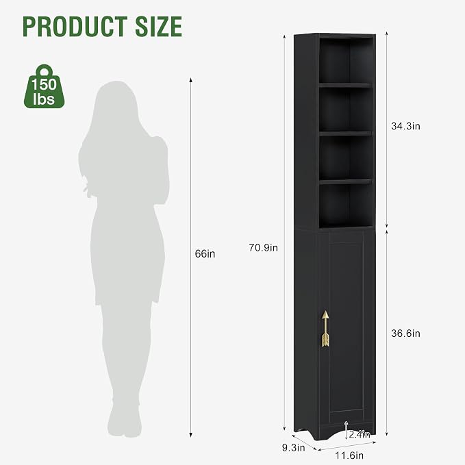VECELO 71" Tall Narrow Storage Cabinet, Bathroom Storage Slim Freestanding Cabinet with Door & 6 Adjustable Shelves, Anti-Tip Design for Small Space, Kitchen, Living Room, Black