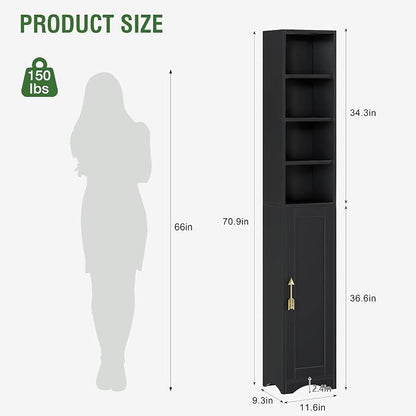 VECELO 71" Tall Narrow Storage Cabinet, Bathroom Storage Slim Freestanding Cabinet with Door & 6 Adjustable Shelves, Anti-Tip Design for Small Space, Kitchen, Living Room, Black