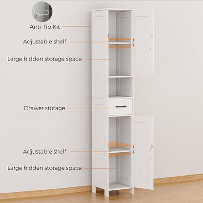 Homhedy 67" H Tall Bathroom Storage Cabinet with Barn Doors and Drawer | Narrow Storage Unit with Adjustable Shelves, Floor Cabinet for Bathroom, Living Room, Entryway or Kitchen, White, 11.8" W