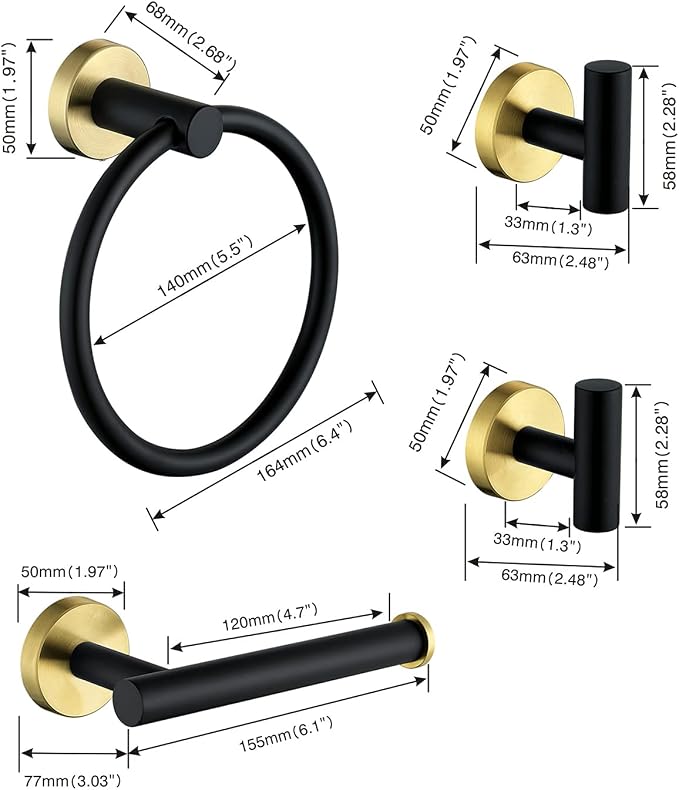 4 Piece Stainless Steel Matte Black and Brushed Gold Bathroom Hardware Set Include Hand Towel Ring Holder, Toilet Paper Holder,and 2 Robe Towel Hooks,Bathroom Accessories Kit