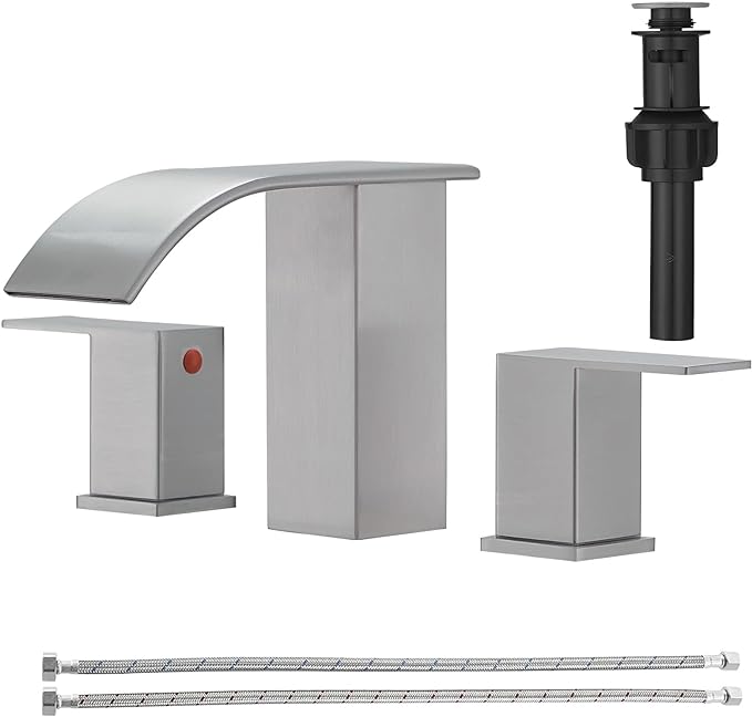 RUMOSE 8 inch Bathroom Faucets Set Brushed Nickel Bathroom Sink Faucet 3 Hole with Pop Up Drain Widespread 2 Handles Stainless Steel Lavatory Vanity Faucet Waterfall Spout Deck Mounted