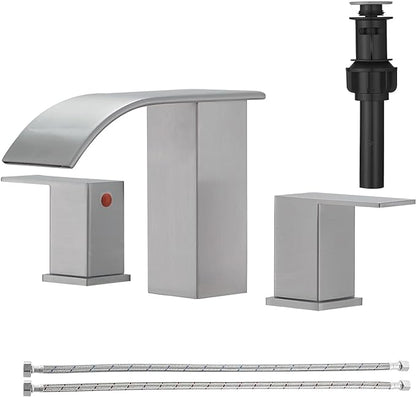 RUMOSE 8 inch Bathroom Faucets Set Brushed Nickel Bathroom Sink Faucet 3 Hole with Pop Up Drain Widespread 2 Handles Stainless Steel Lavatory Vanity Faucet Waterfall Spout Deck Mounted