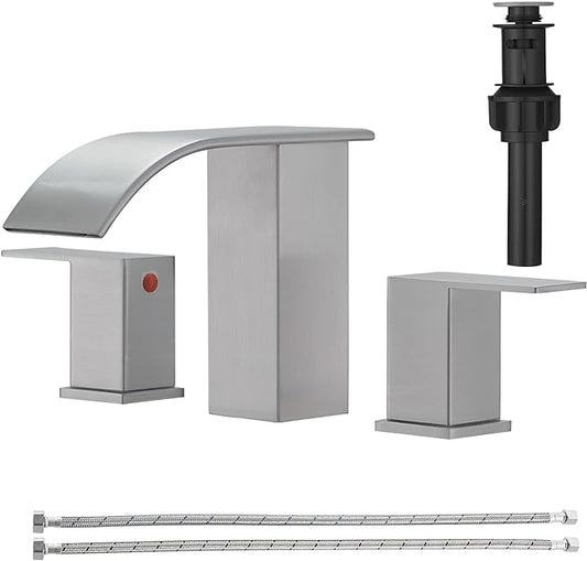 RUMOSE 8 inch Bathroom Faucets Set Brushed Nickel Bathroom Sink Faucet 3 Hole with Pop Up Drain Widespread 2 Handles Stainless Steel Lavatory Vanity Faucet Waterfall Spout Deck Mounted