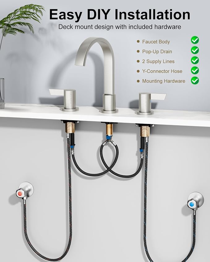Brushed Nickel 3 Hole Bathroom Faucet,8" Widespread Vanity Faucet | 2 Handle Waterfall Bathroom Sink Faucet with Pop-Up Drain,Supply Lines,360° Swivel Spout,Lead-Free Stainless Steel,Deck Mount