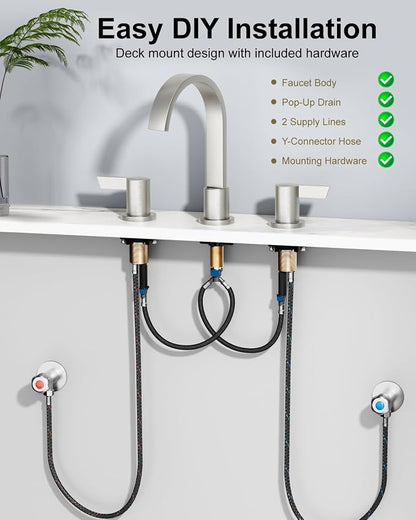 Brushed Nickel 3 Hole Bathroom Faucet,8" Widespread Vanity Faucet | 2 Handle Waterfall Bathroom Sink Faucet with Pop-Up Drain,Supply Lines,360° Swivel Spout,Lead-Free Stainless Steel,Deck Mount