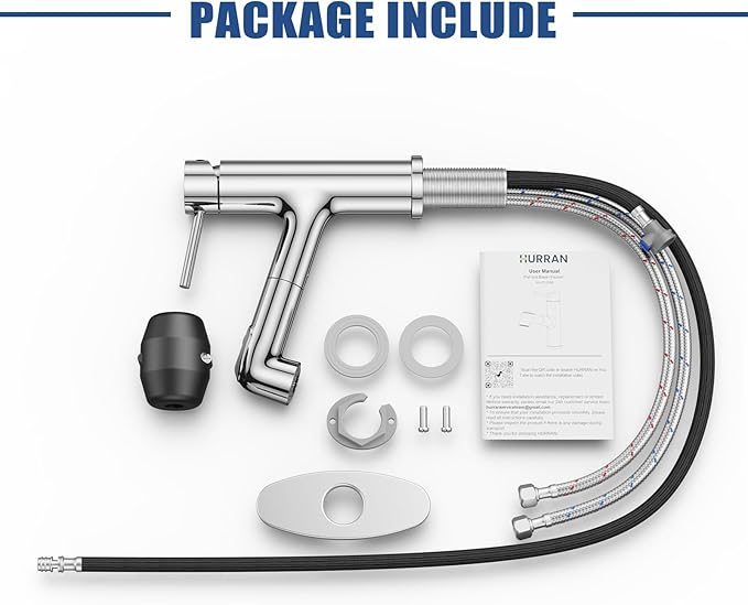 HURRAN Pull Out Bathroom Faucet, Single Handle Basin Mixer Tap with 2 Modes, Utility Sink Faucet with Deck Plate, Stainless Steel, Chrome