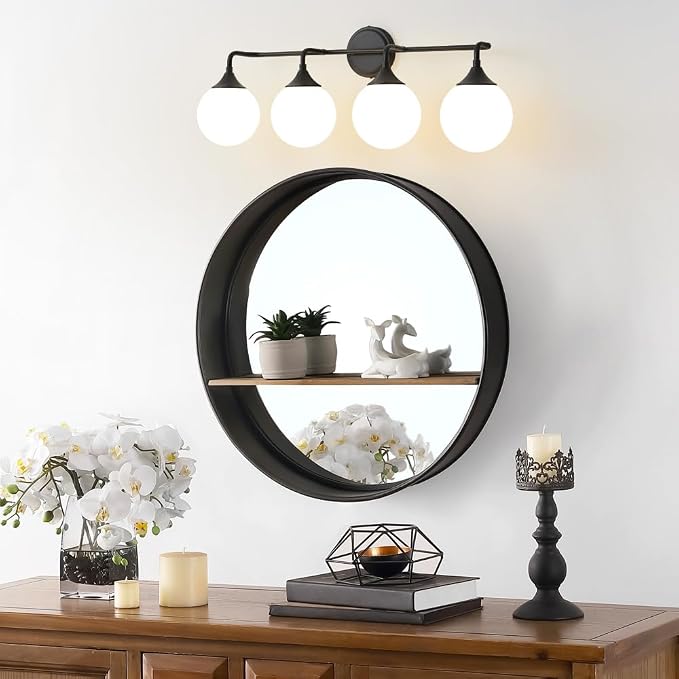 Black Bathroom Light Fixtures Over Mirror Vanity 4-Light | Mid Century Modern Matte Black Wall Sconce with Milky White Glass Ball Shades for for Bathroom Dressing Table Bedroom