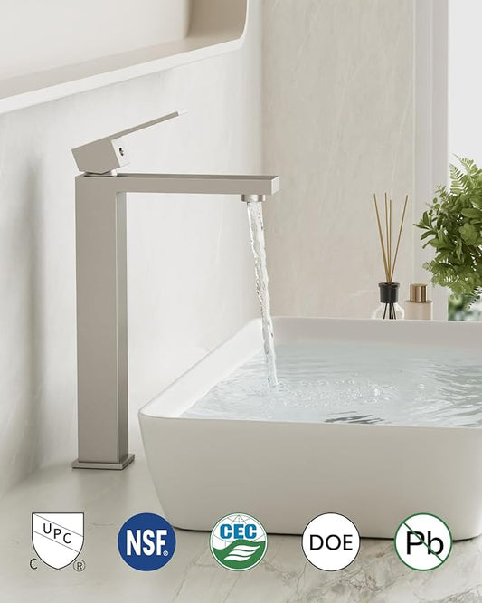 gotonovo Vessel Sink Faucet Single Handle Tall Bathroom Faucet One Hole Modern Lavatory Vanity Basin Mixer Tap Matching Supply Hoses and Pop up Drain Without Overflow, Brushed Nickel