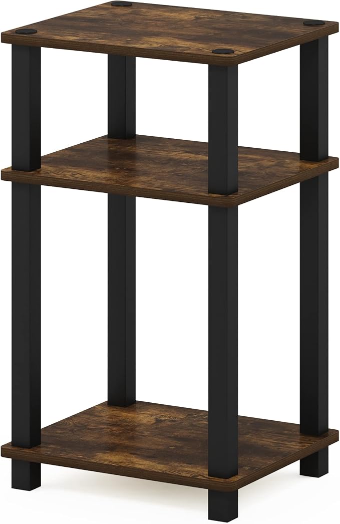Furinno JUST Toolless 3-Tier Side Table, Open Shelf End Table, Amber Pine | Soft-Corner, Night Stand, Bedside Table, Square Tube, for Living Room, Bedroom
