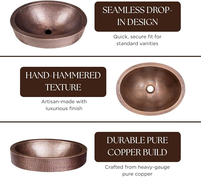 Monarch Abode Bathroom Sink – 17-Inch Oval Skirted Drop In Bathroom Sink, Top Mount Hand Hammered Pure Copper Vanity Sinks for Countertop, Powder Room or Restroom, Drop in Sinks for Bathrooms