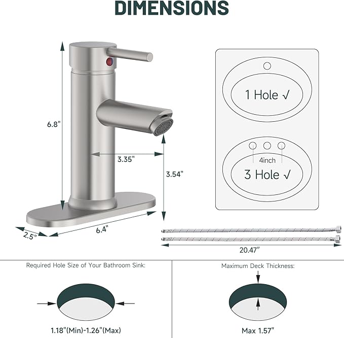 Brushed Nickel Bathroom Faucets, Greenspring Single Handle One Hole Bathroom Sink Faucet, Water Saving Lavatory Vanity Sink Faucet with Cover Plate Commercial Mixer Tap Supply Line, Brass