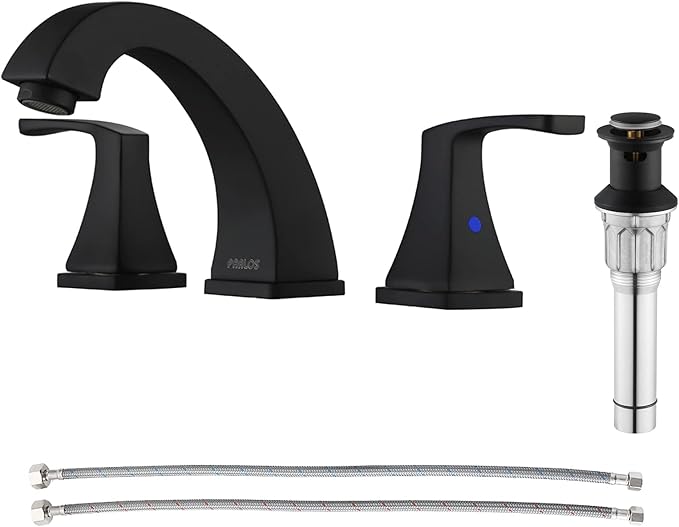 PARLOS Matte Black Widespread Bathroom Faucet with Metal Pop Up Drain and cUPC Faucet Supply Lines, Doris 14258