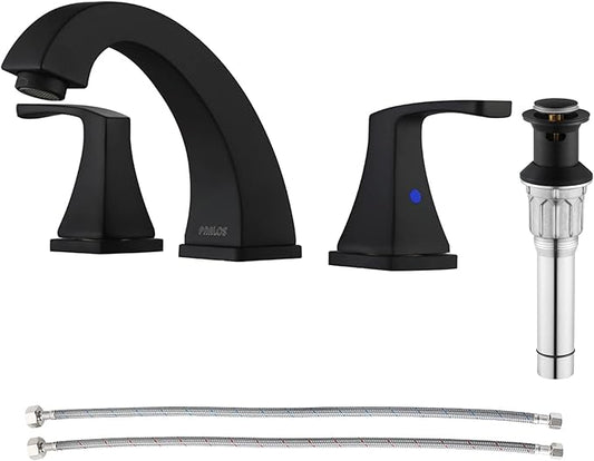 PARLOS Matte Black Widespread Bathroom Faucet with Metal Pop Up Drain and cUPC Faucet Supply Lines, Doris 14258