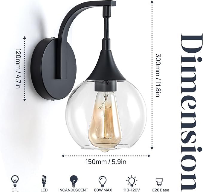 1-Light Bathroom Wall Sconces,Matte Black Sconces Wall Lighting | with Clear Glass Shade, Modern Vanity Light Fixtures, Indoor Lamp Wall Mount Light for Mirror, Bedroom, Bathroom