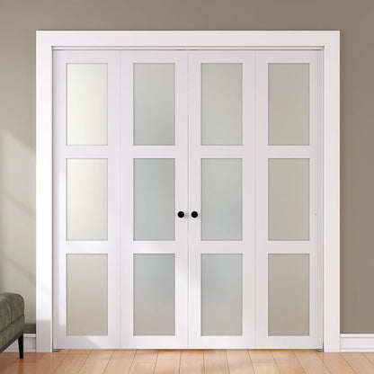 SMARTSTANDARD Bifold Door for 56"x 80" Opening, Tempered Frosted Glass, MDF | Closet Folding Doors with Hardware kit Included, White, Water-Proof PVC Surface, Easy Install, Space-Saving