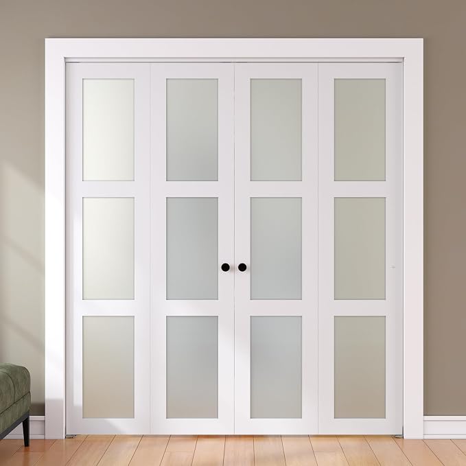 SMARTSTANDARD Bifold Door for 60" x 80-3/4" Opening, Tempered Frosted Glass | Closet Folding Doors with Hardware kit Included, White, Water-Proof PVC Surface, Easy Install, Space-Saving