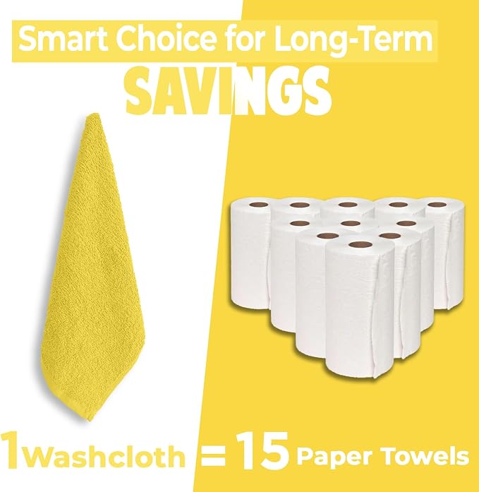 DAN RIVER 24 Pack Cotton Wash Cloths Set for Showering [12x12] Yellow | Lighter Weight, Quick to Dry, Super Soft & Absorbent Face Towels, Hotel Quality, Perfect for Bathroom, Gym, Spa