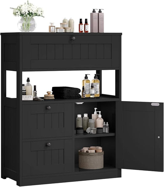 Storage Cabinet, Modern Bathroom Floor Storage Cabinet Organizer with 1 Door and 3 Drawers, Freestanding Cupboard for Kitchen/Living Room Use