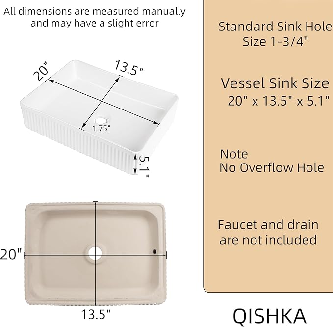 Rectangular Vessel Sink 20 Inch Above Counter - White Ceramic Rectangle Countertop Bathroom Sink, 20" x 13.5" Modern Vanity Art Basin Porcelain Hand Was