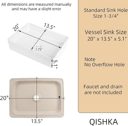 Rectangular Vessel Sink 20 Inch Above Counter - White Ceramic Rectangle Countertop Bathroom Sink, 20" x 13.5" Modern Vanity Art Basin Porcelain Hand Was