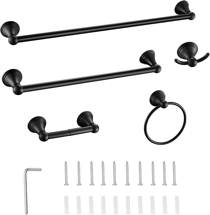 Sagetta Bathroom Hardware Set, 5-Piece Bath Accessories Set Matte Black Wall Mount Includes 24 in Towel Bar, 16 in Towel Bar, Towel Ring, TP Holder