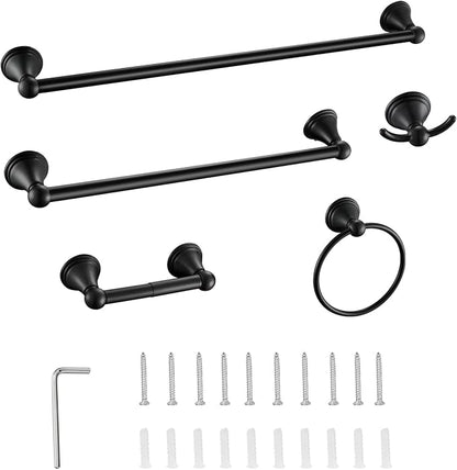 Sagetta Bathroom Hardware Set, 5-Piece Bath Accessories Set Matte Black Wall Mount Includes 24 in Towel Bar, 16 in Towel Bar, Towel Ring, TP Holder