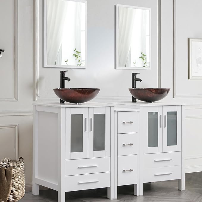 UEV 60" White Bathroom Vanity, Cabinet with Double Sink, 3 Drawers, Modern Design, Vessel Sink Combo & Mirror (UEVA0960WH)