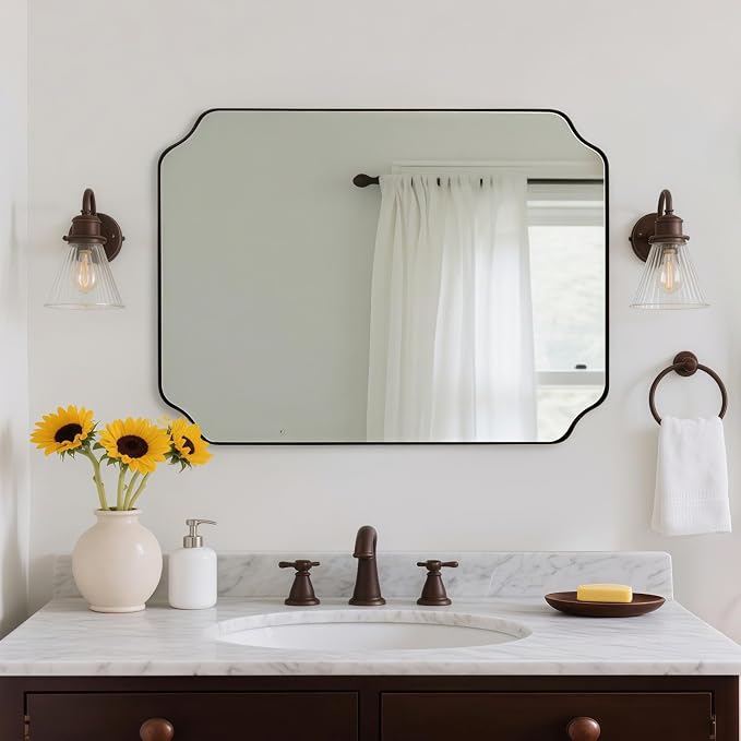 Rectangle Mirror 30x40 Inch, Brushed Bronze Scalloped Mirror for Bathroom, Rust-Proof Stainless Steel 1" Frame, Antique Scalloped Edge Design Ideal for Home Decor