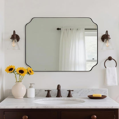 Rectangle Mirror 30x40 Inch, Brushed Bronze Scalloped Mirror for Bathroom, Rust-Proof Stainless Steel 1" Frame, Antique Scalloped Edge Design Ideal for Home Decor